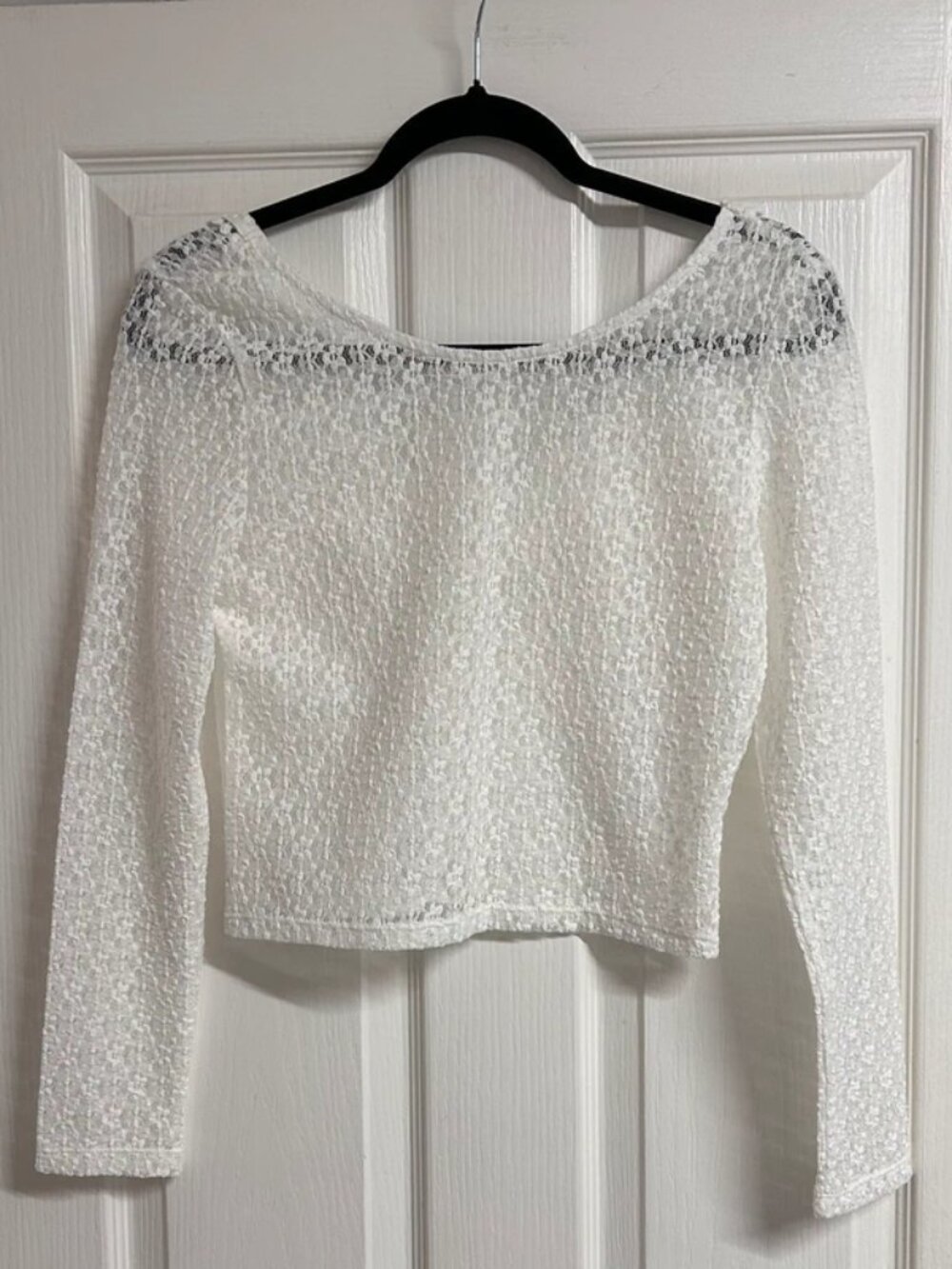 White Lace Ruffle V Neck Long Sleeve Crop Top Women - Picture 2 of 5